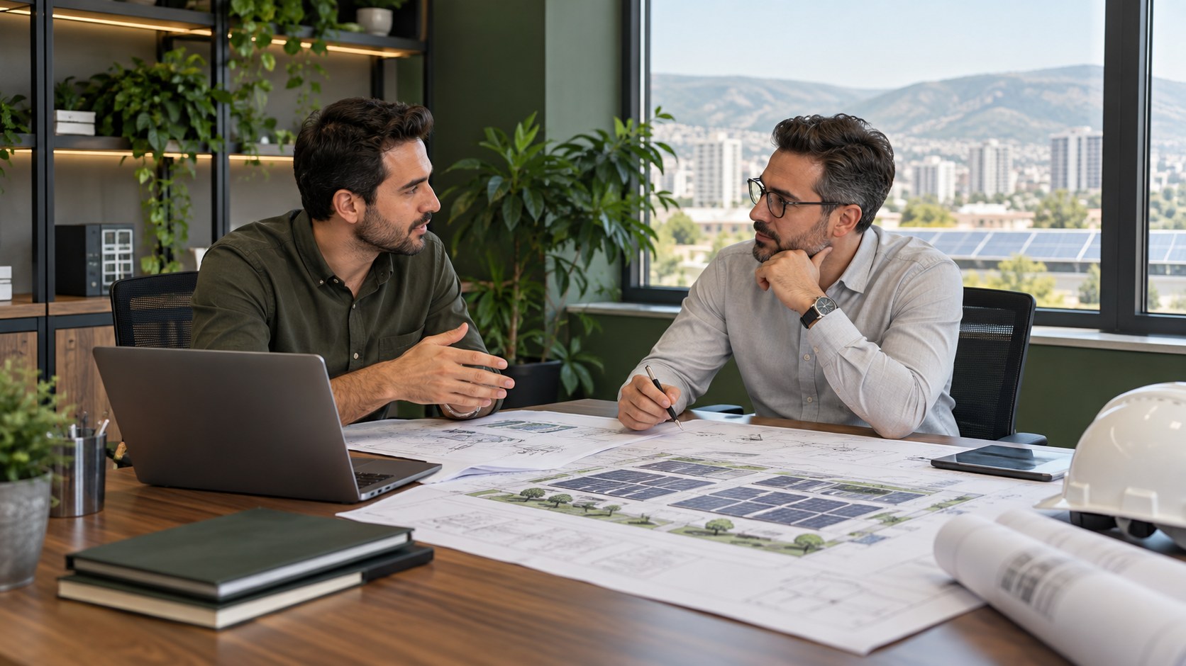 Ofis masasında proje görüşmesi yapan iki uzman