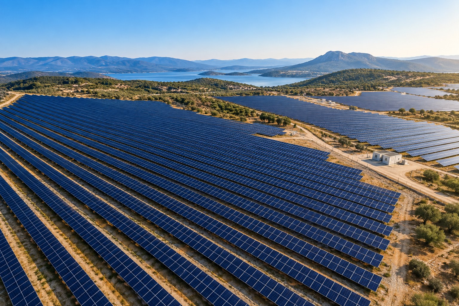 Drone açısından geniş arazi güneş enerjisi santrali — temsili görsel