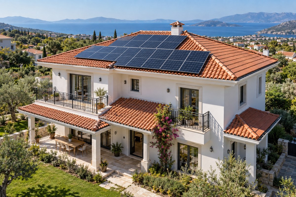 Çatısında güneş enerjisi panelleri bulunan villa — temsili görsel
